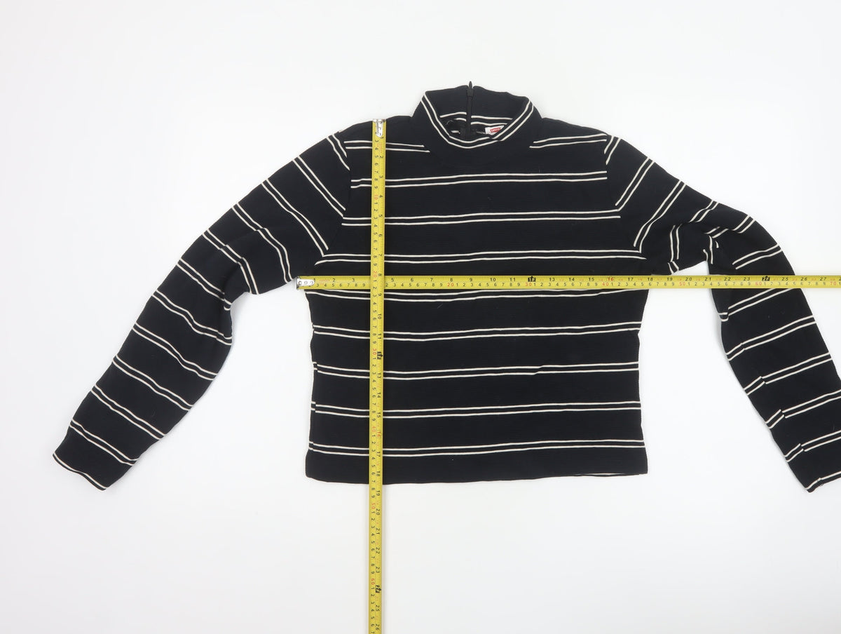 Levi's Women Black White Stripe Cropped High Neck Zip Long Sleeve Top L