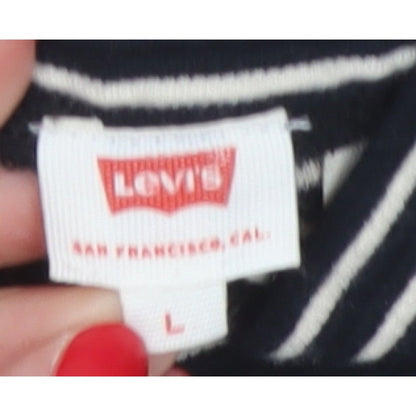 Levi's Women Black White Stripe Cropped High Neck Zip Long Sleeve Top L