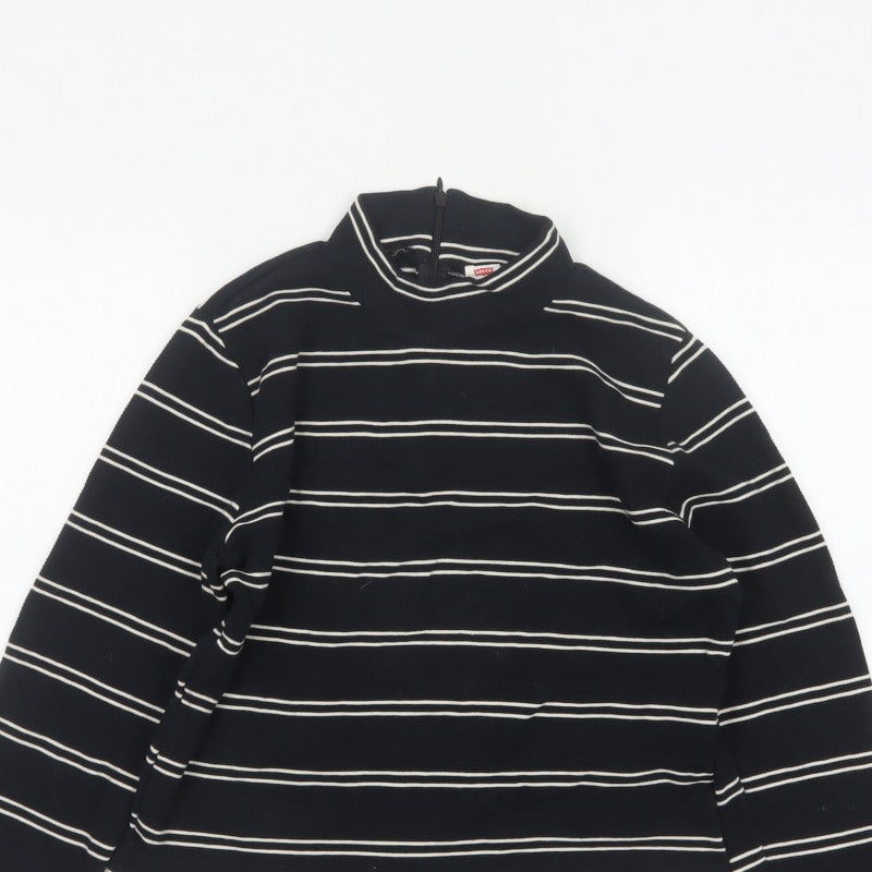 Levi's Women Black White Stripe Cropped High Neck Zip Long Sleeve Top L