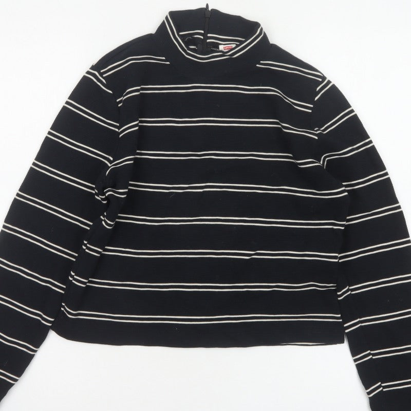 Levi's Women Black White Stripe Cropped High Neck Zip Long Sleeve Top L