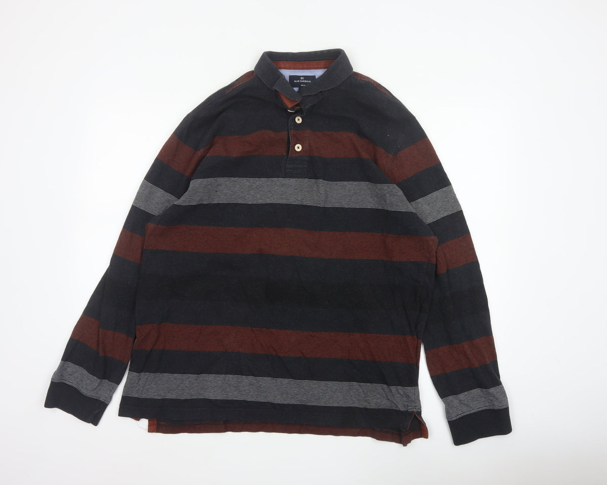 Blue Harbour Men's Black Burgundy Striped Regular Fit Long Sleeve Polo XL