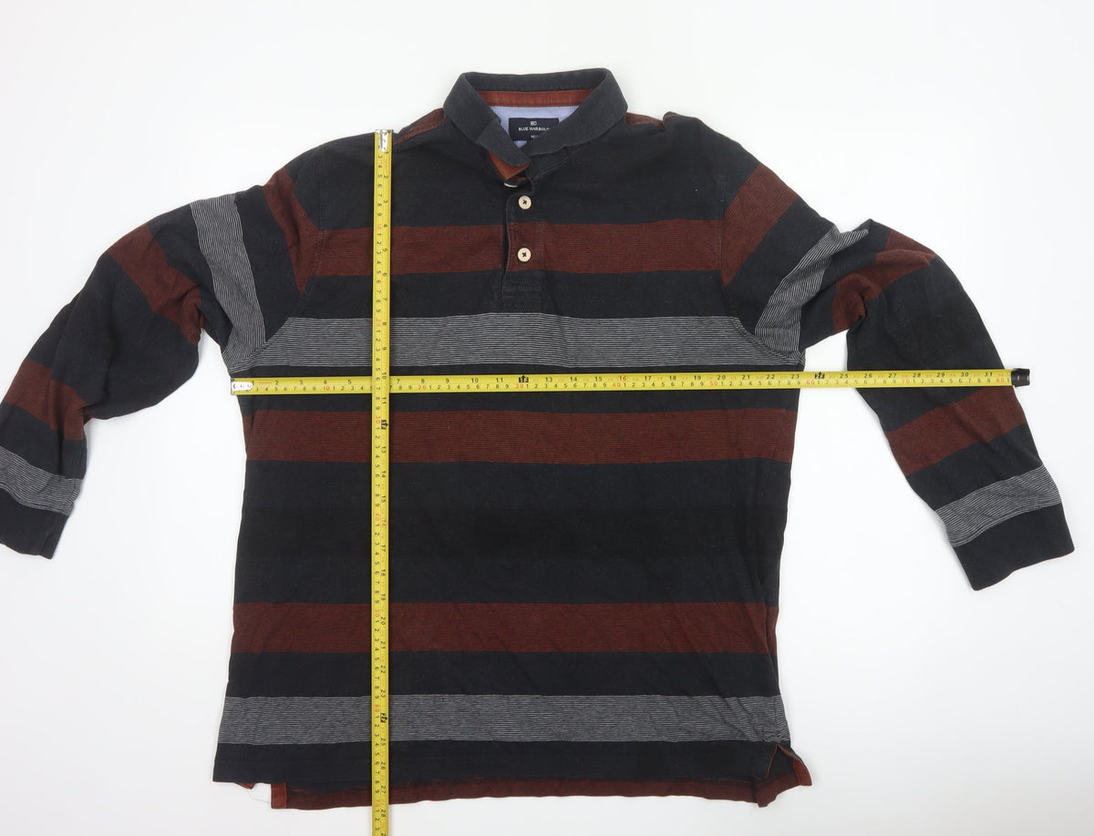 Blue Harbour Men's Black Burgundy Striped Regular Fit Long Sleeve Polo XL