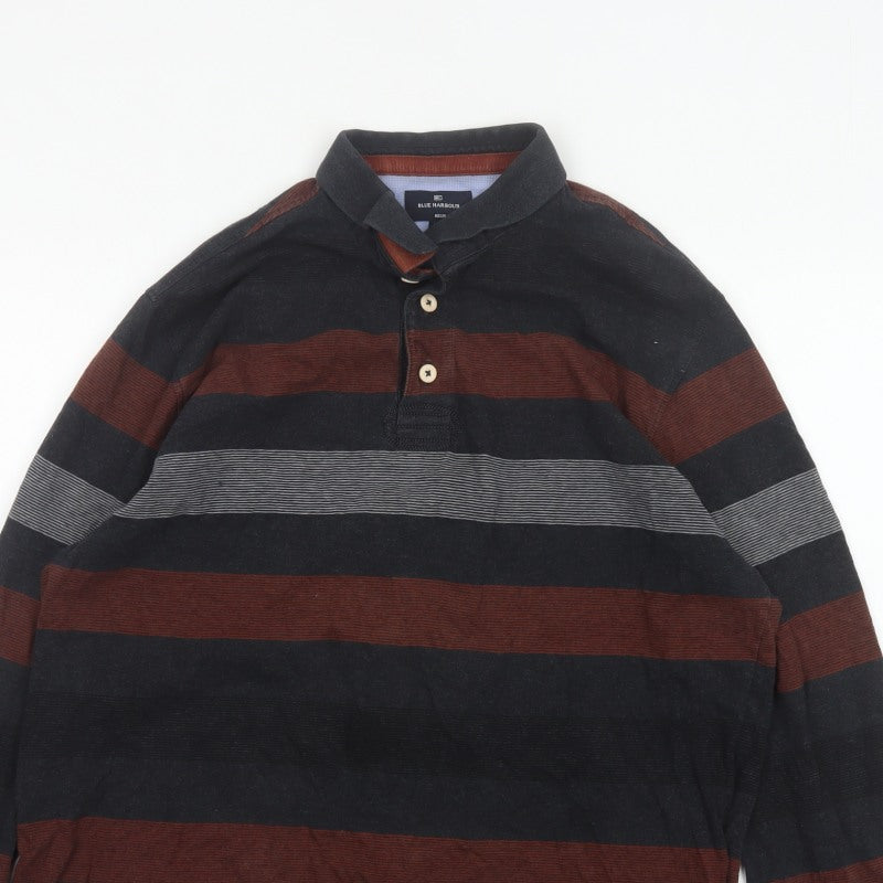 Blue Harbour Men's Black Burgundy Striped Regular Fit Long Sleeve Polo XL