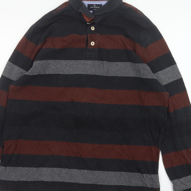 Blue Harbour Men's Black Burgundy Striped Regular Fit Long Sleeve Polo XL