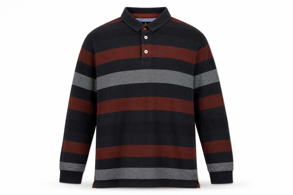 Blue Harbour Men's Black Burgundy Striped Regular Fit Long Sleeve Polo XL