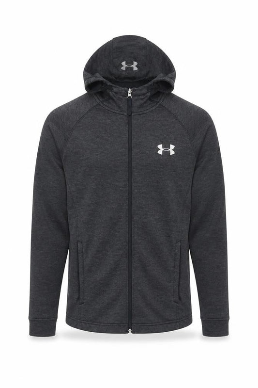 Front view of Under Armour men’s grey s full zip coldgear hoodie