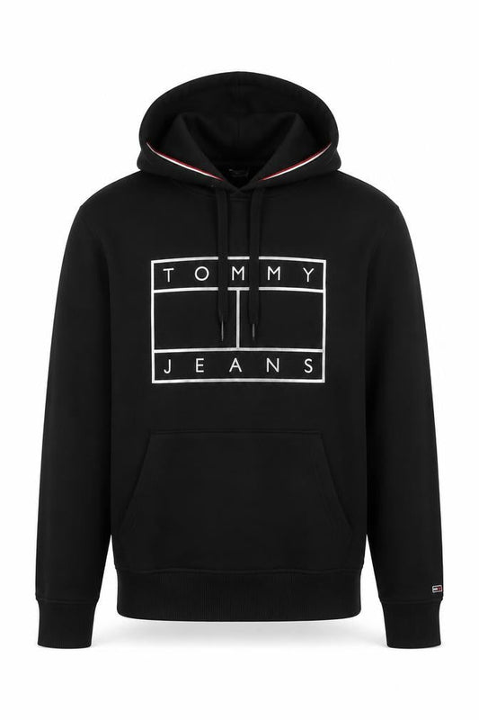 Front view of Tommy Jeans Men's Black M Pullover Logo Graphic Hoodie Pockets
