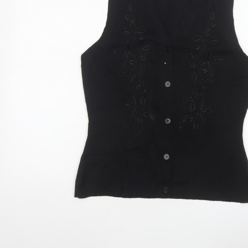 Alexon Women Black S Petite Wool Blend Floral Knit Button Vest