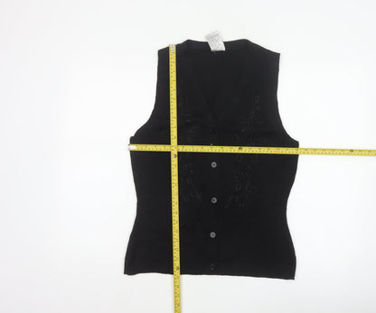 Alexon Women Black S Petite Wool Blend Floral Knit Button Vest