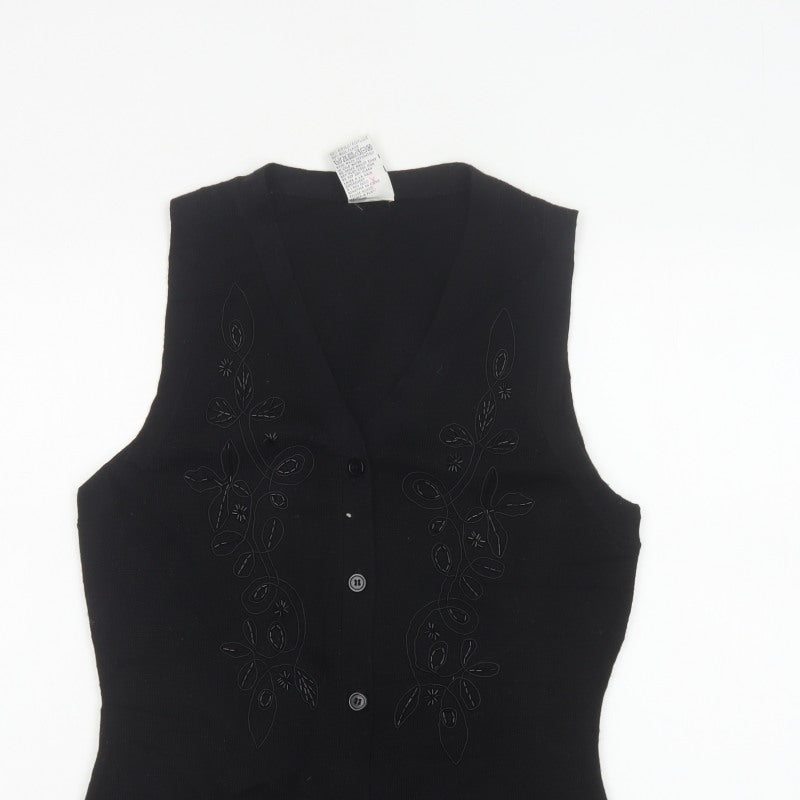 Alexon Women Black S Petite Wool Blend Floral Knit Button Vest