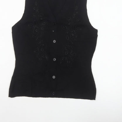 Alexon Women Black S Petite Wool Blend Floral Knit Button Vest
