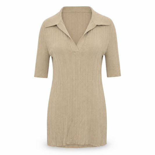 Fig & Basil Women’s Beige Size 10 Rib Knit Collared Tunic Top 3/4 Sleeve