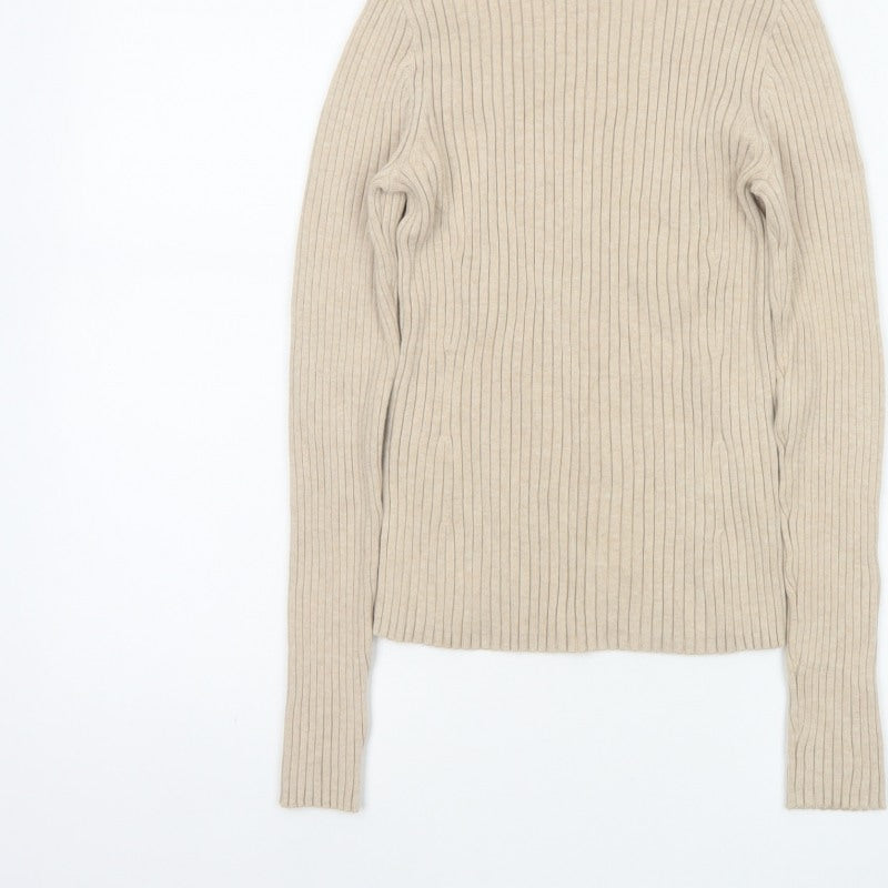 GAP Women’s Beige S Ribbed Roll Neck Slim Fit Cotton Jumper