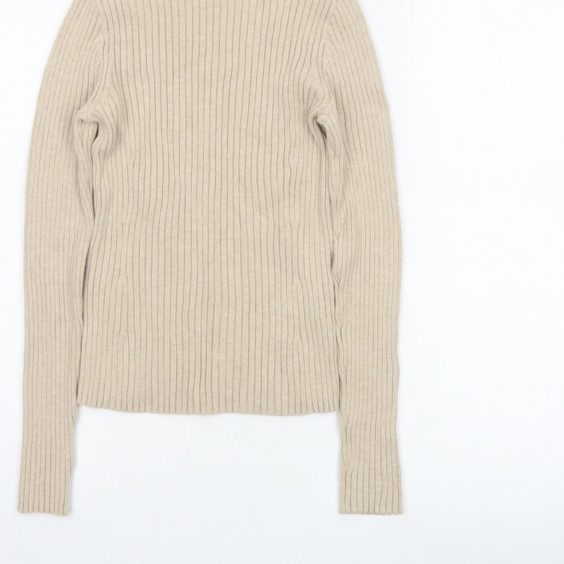GAP Women’s Beige S Ribbed Roll Neck Slim Fit Cotton Jumper