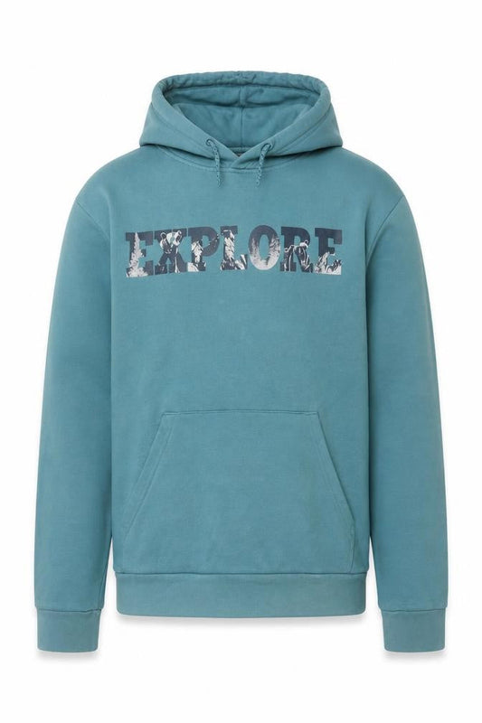 Front view of Mountain Warehouse Men’s Blue M Pullover Hoodie Explore Graphic