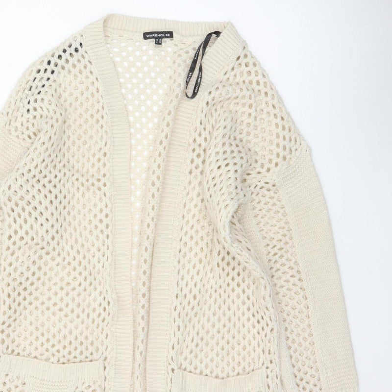Warehouse Women’s Ivory Open Knit Cardigan UK 10 V-Neck Pockets