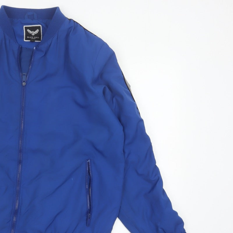 Brave Soul Men’s Blue XL Bomber Jacket Striped Sleeve Full Zip