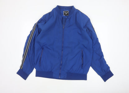 Brave Soul Men’s Blue XL Bomber Jacket Striped Sleeve Full Zip
