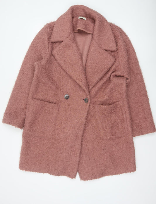 TP Women Pink UK 14 Teddy Fleece Pea Coat Buttoned Mid-Length