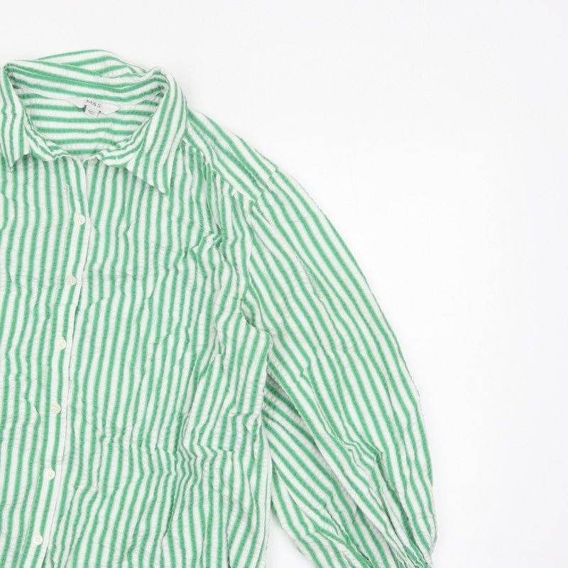 Marks & Spencer Women Green Stripe Cotton Balloon Sleeve Shirt UK 14