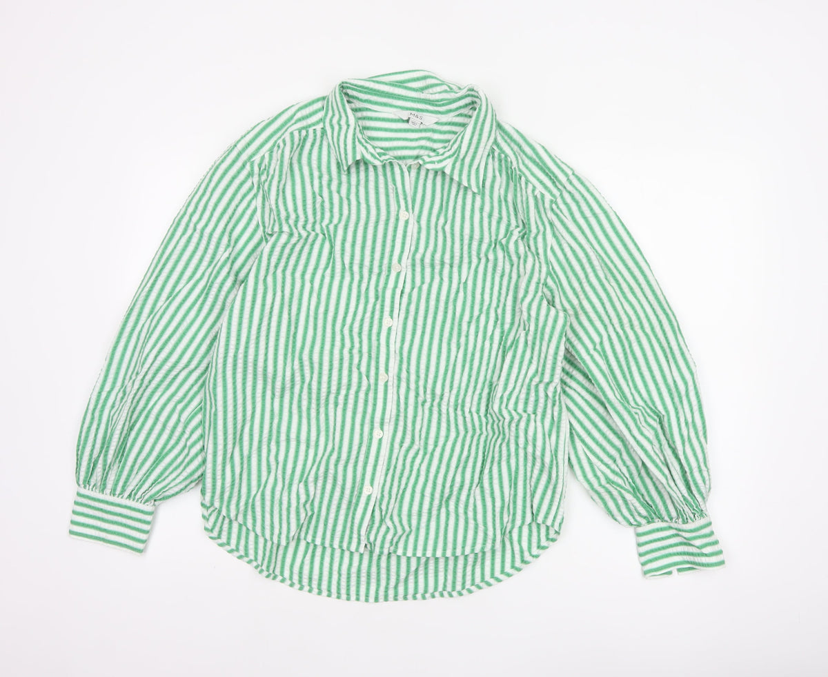 Marks & Spencer Women Green Stripe Cotton Balloon Sleeve Shirt UK 14