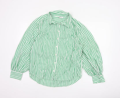 Marks & Spencer Women Green Stripe Cotton Balloon Sleeve Shirt UK 14