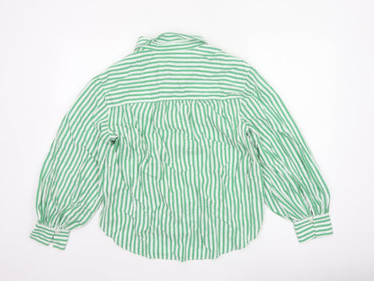 Marks & Spencer Women Green Stripe Cotton Balloon Sleeve Shirt UK 14