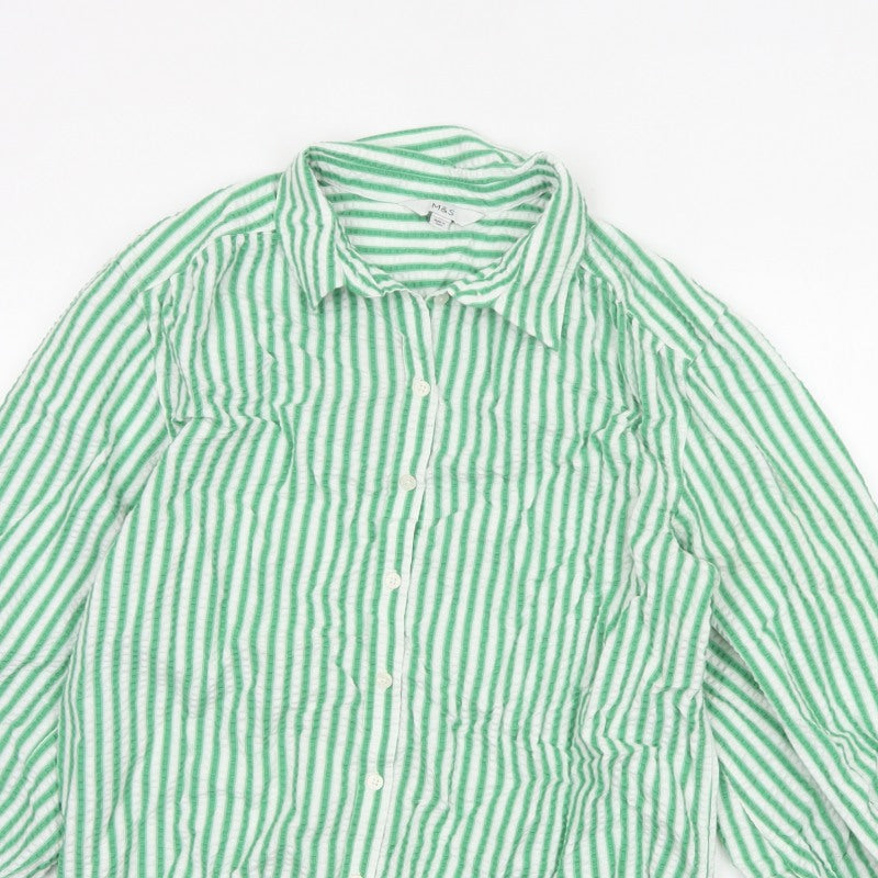 Marks & Spencer Women Green Stripe Cotton Balloon Sleeve Shirt UK 14