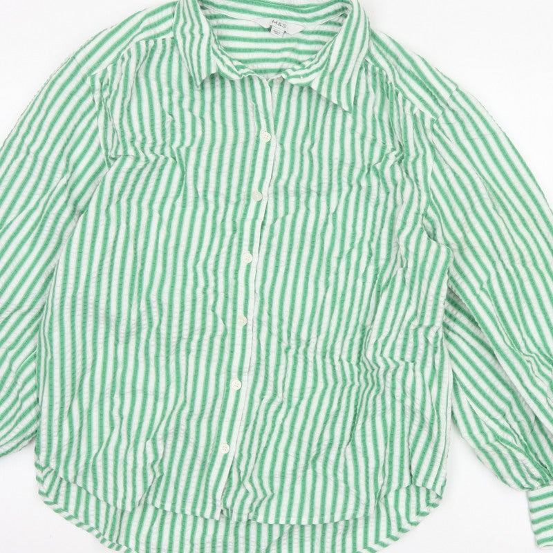 Marks & Spencer Women Green Stripe Cotton Balloon Sleeve Shirt UK 14