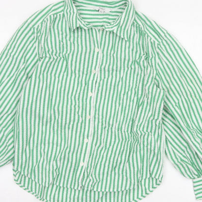 Marks & Spencer Women Green Stripe Cotton Balloon Sleeve Shirt UK 14