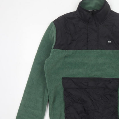 Vans Men Green Small 1/4 Zip Fleece Pullover Sweatshirt Logo Pockets