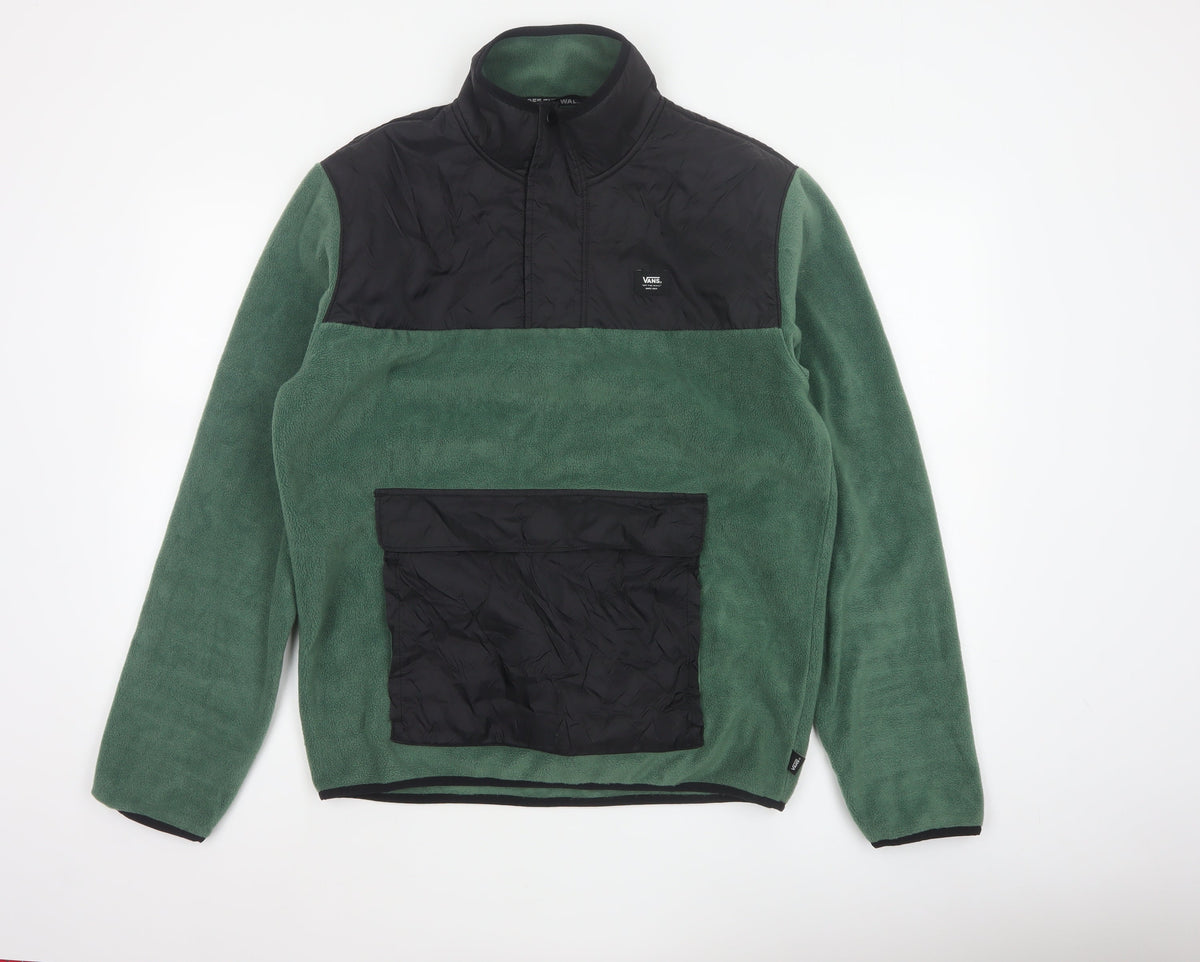 Vans Men Green Small 1/4 Zip Fleece Pullover Sweatshirt Logo Pockets