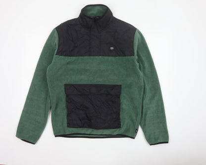 Vans Men Green Small 1/4 Zip Fleece Pullover Sweatshirt Logo Pockets
