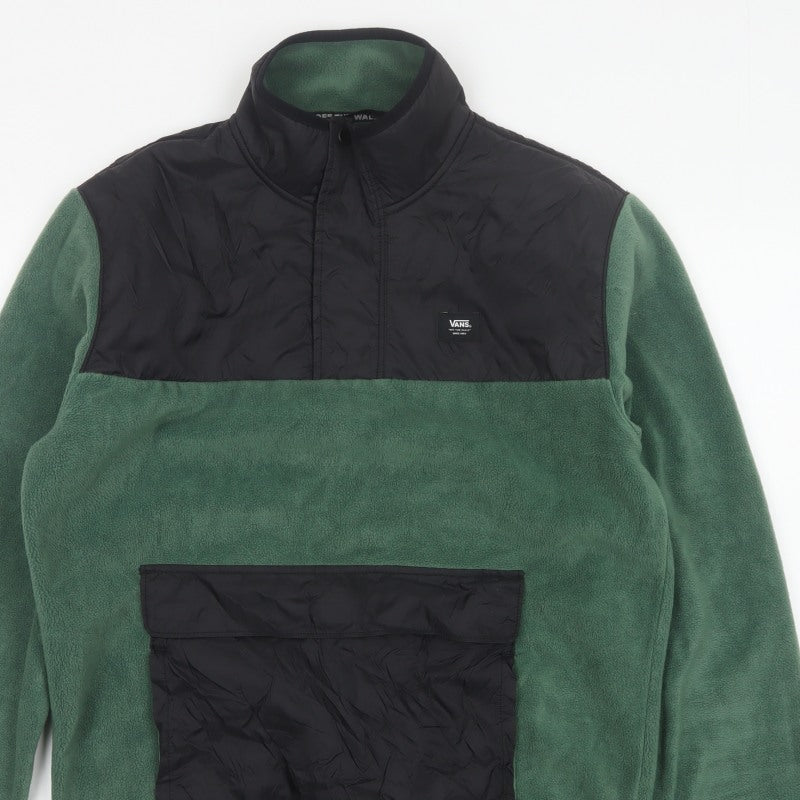 Vans Men Green Small 1/4 Zip Fleece Pullover Sweatshirt Logo Pockets