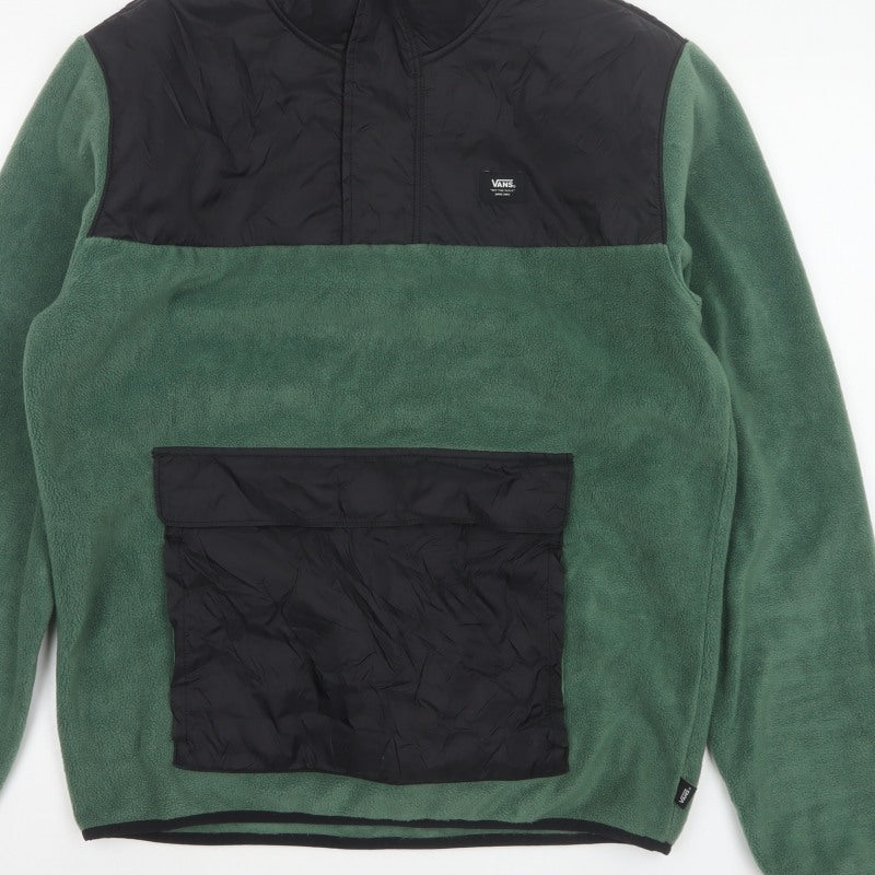Vans Men Green Small 1/4 Zip Fleece Pullover Sweatshirt Logo Pockets