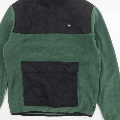 Vans Men Green Small 1/4 Zip Fleece Pullover Sweatshirt Logo Pockets