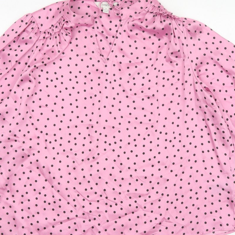 Marks and Spencer Women's Pink Size 20 Polka Dot Ruffle Tie Neck Blouse