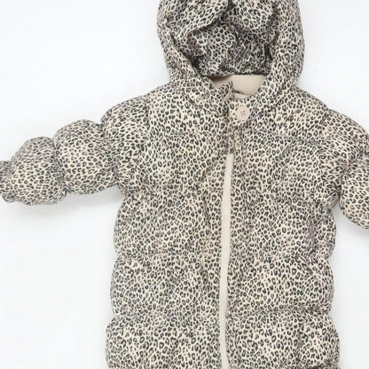 babyGap Unisex Beige Leopard Print 6-9 Months Padded Hooded Snowsuit