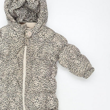 babyGap Unisex Beige Leopard Print 6-9 Months Padded Hooded Snowsuit