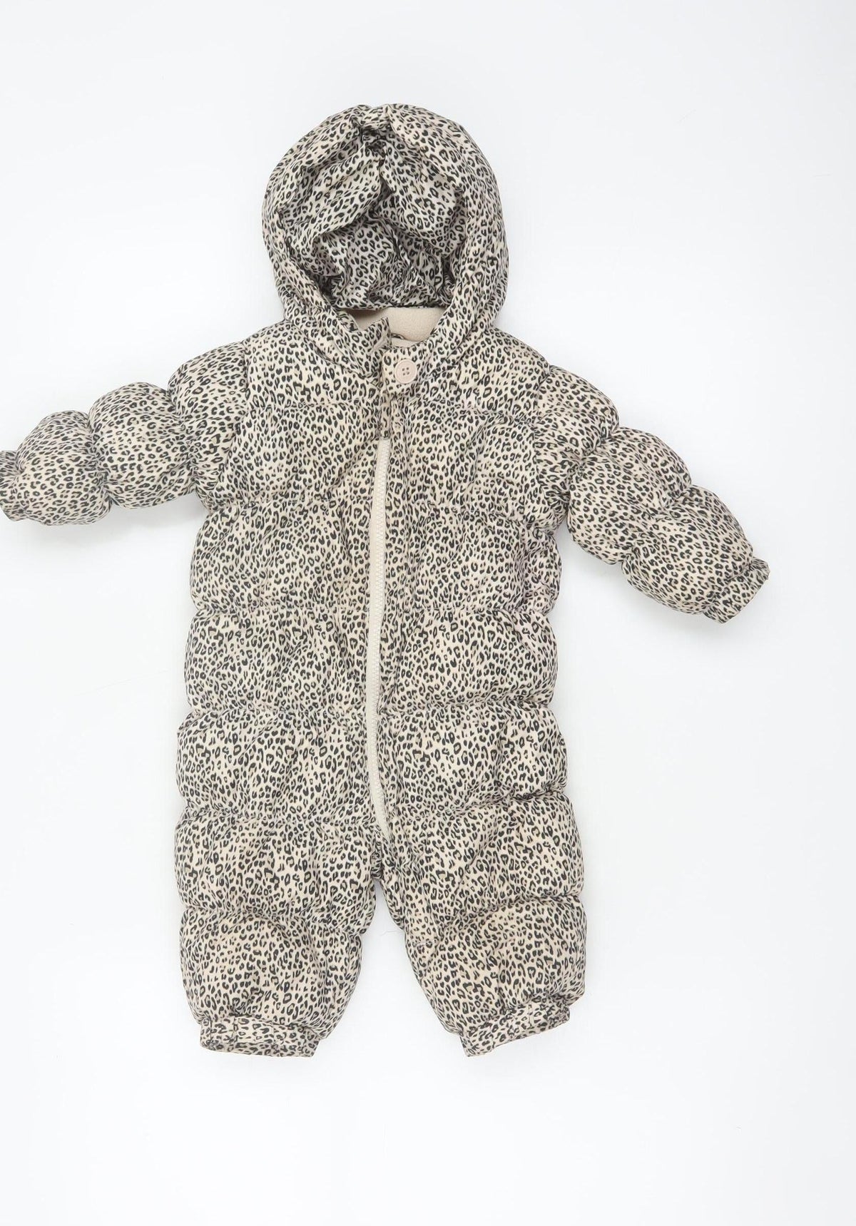 babyGap Unisex Beige Leopard Print 6-9 Months Padded Hooded Snowsuit