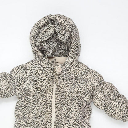 babyGap Unisex Beige Leopard Print 6-9 Months Padded Hooded Snowsuit
