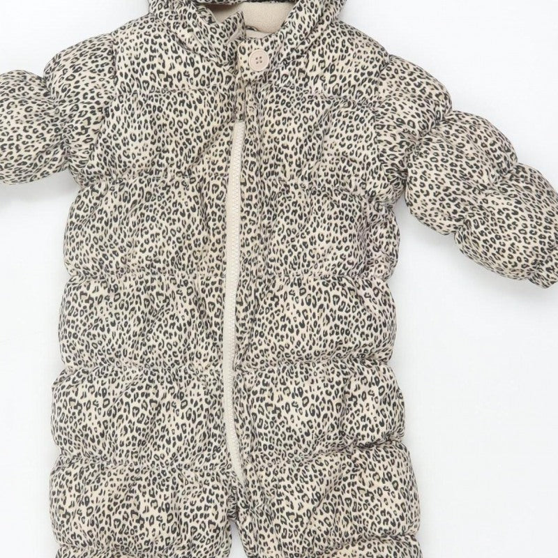 babyGap Unisex Beige Leopard Print 6-9 Months Padded Hooded Snowsuit