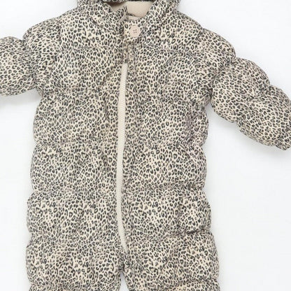 babyGap Unisex Beige Leopard Print 6-9 Months Padded Hooded Snowsuit