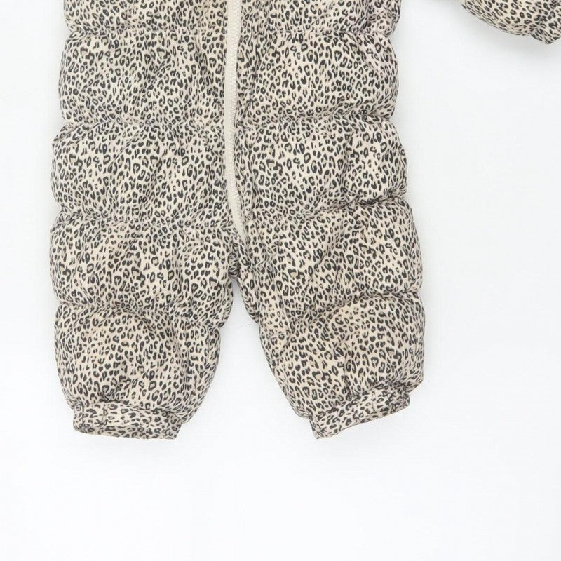 babyGap Unisex Beige Leopard Print 6-9 Months Padded Hooded Snowsuit