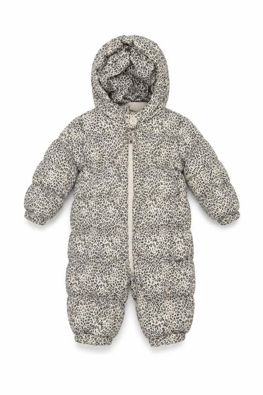 Front view of babyGap unisex beige leopard print 6-9 months padded hooded snowsuit