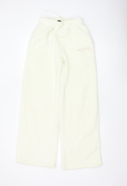 White Fox Women Ivory XS Fleece Wide-Leg Jogger Trousers Drawstring