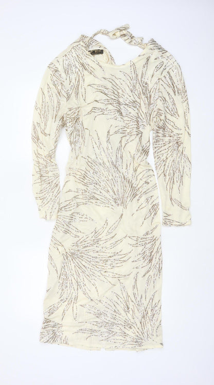 Jin Fizz Women Ivory UK 14 Vintage Sequin V-Neck Midi Sheath Dress