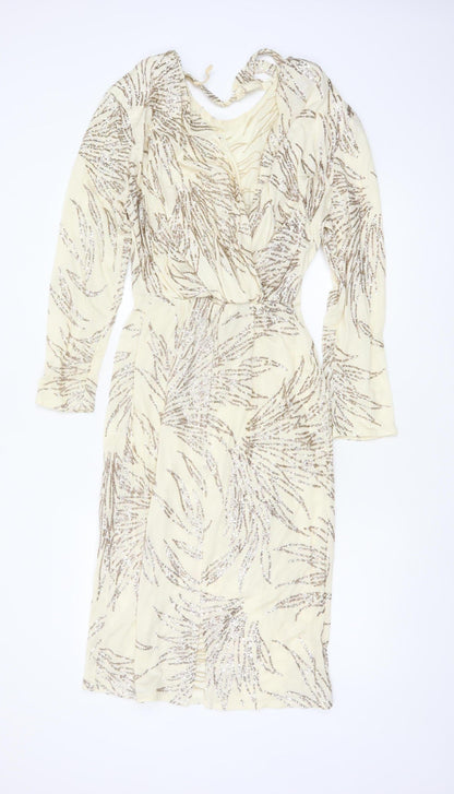Jin Fizz Women Ivory UK 14 Vintage Sequin V-Neck Midi Sheath Dress
