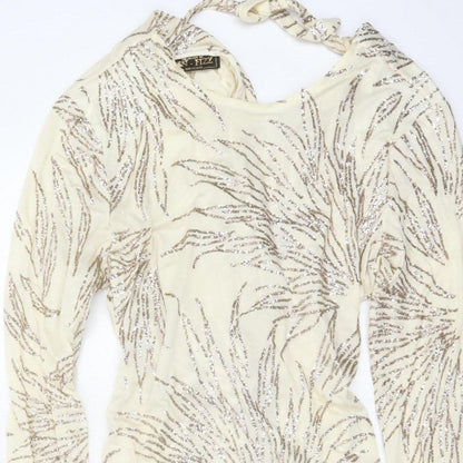 Jin Fizz Women Ivory UK 14 Vintage Sequin V-Neck Midi Sheath Dress