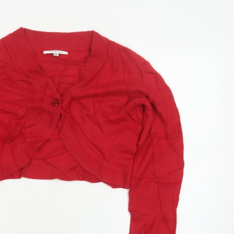 L.K. Bennett Women Red M V-Neck Beaded Button Knit Cardigan